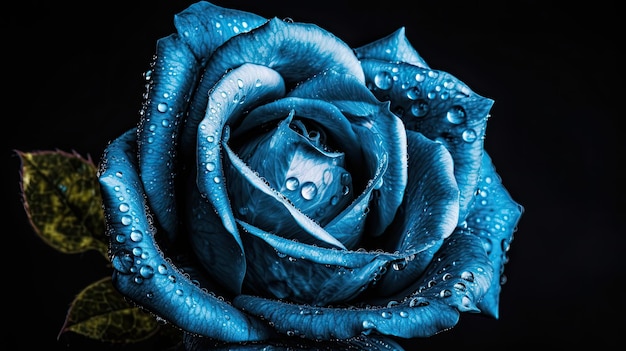 Een blauwe roos met waterdruppels erop