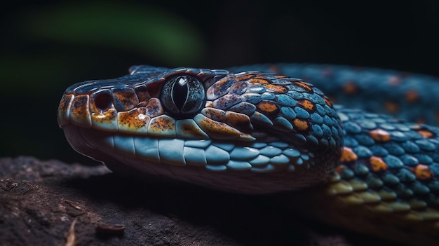 Een blauwe slang met een blauwe kop zit op een tak.