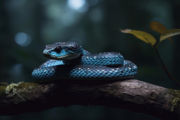 Een blauwe slang zit op een tak in de jungle.