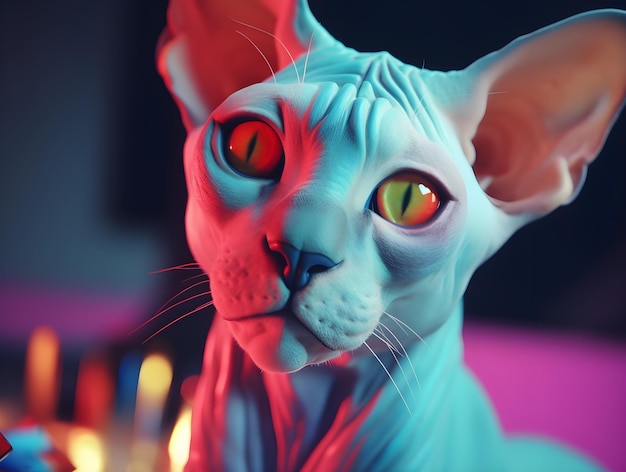 Een blauwe Sphynx-kat met groene ogen kijkt naar de camera