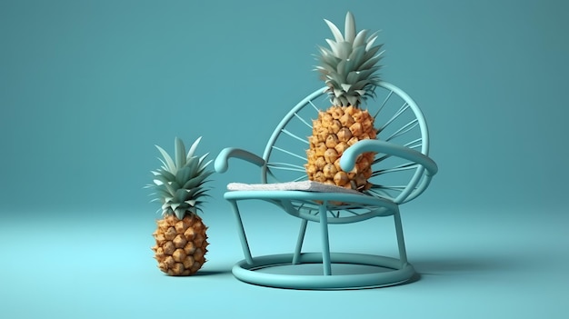 Een blauwe stoel met een ananas erop