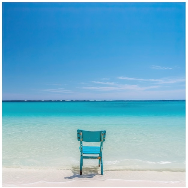 Een blauwe stoel zit op het strand voor de oceaan.