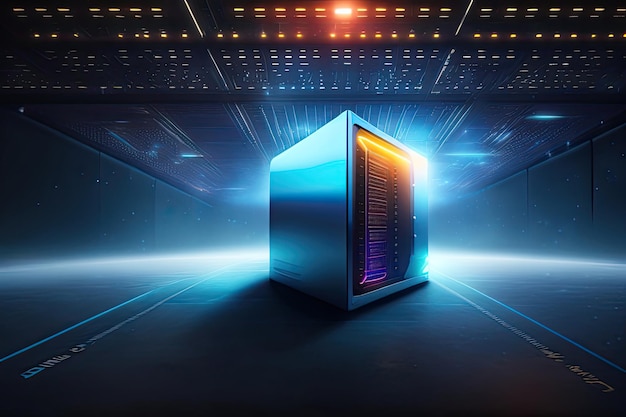 Een blauwe supercomputer in een serverruimte