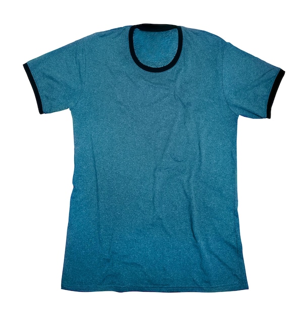 Een blauwe t-shirt mouckp met een zwarte ring om de nek heeft een zwarte ring om de rand