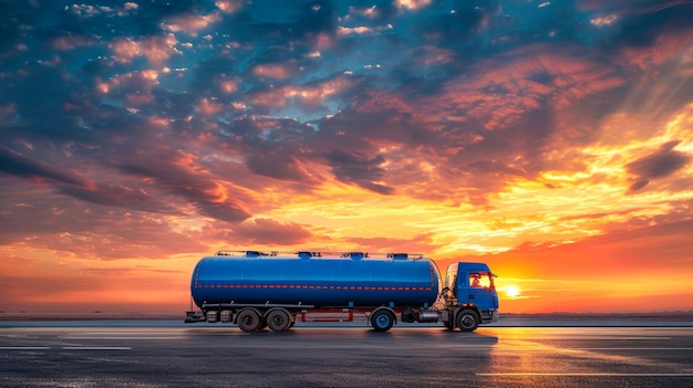 Een blauwe tanker die industriële producten vervoert, rijdt bij zonsondergang over de snelweg en werpt een prachtig silhouet op de kleurrijke lucht