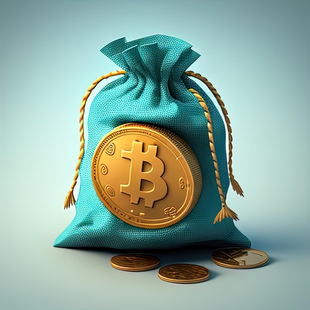 Een blauwe tas met een gouden munt erop en wat munten op de grond.