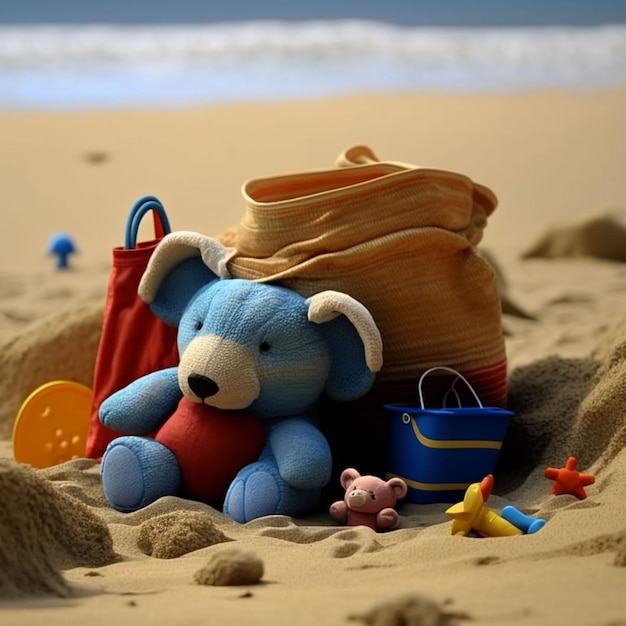 Een blauwe teddybeer met een rood shirt en een rode korte broek zit op een strand met een tas en een speelgoedtas.