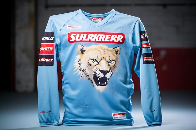 Foto een blauwe trui met de naam sponsor erop.