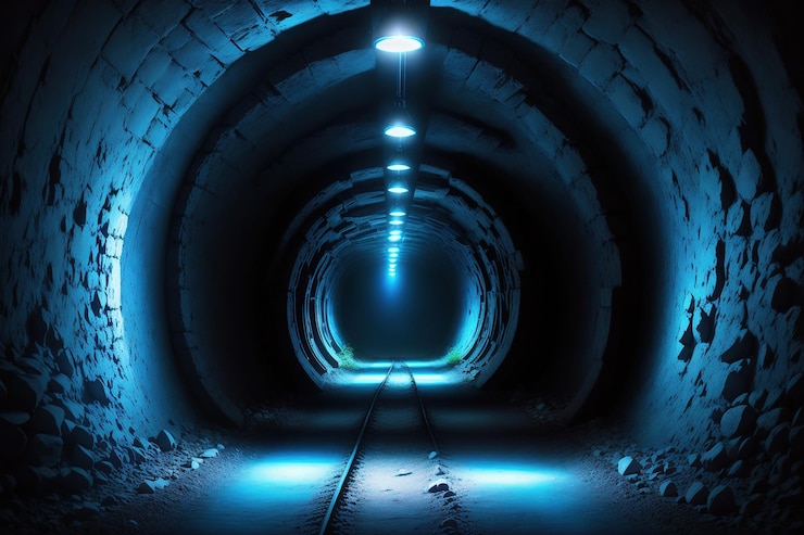 Foto een blauwe tunnel met een licht op het plafond.