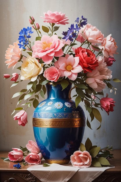 Een blauwe vaas met bloemen erin en een gouden rand.