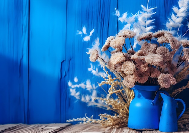 Foto een blauwe vaas met bloemen op een houten tafel