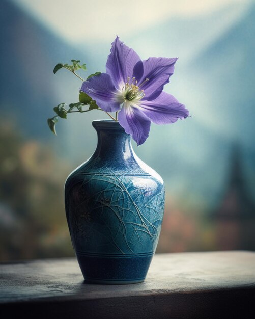 Een blauwe vaas met een paarse bloem erop