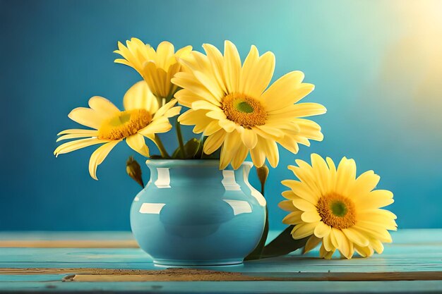 een blauwe vaas met gele bloemen erin en een blauwe achtergrond.