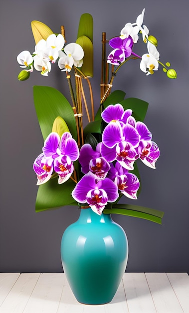 Een blauwe vaas met paarse en witte orchideeën erin.