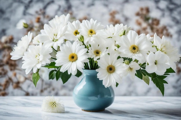 een blauwe vaas met witte en gele bloemen erin