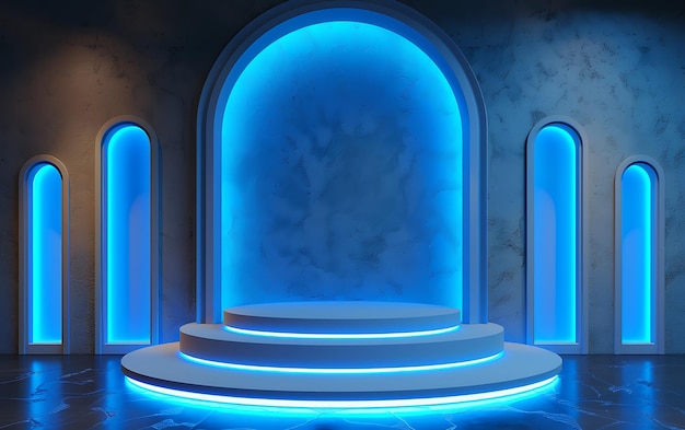 een blauwe verlichte kamer met een marmeren vloer en een grote spiegel