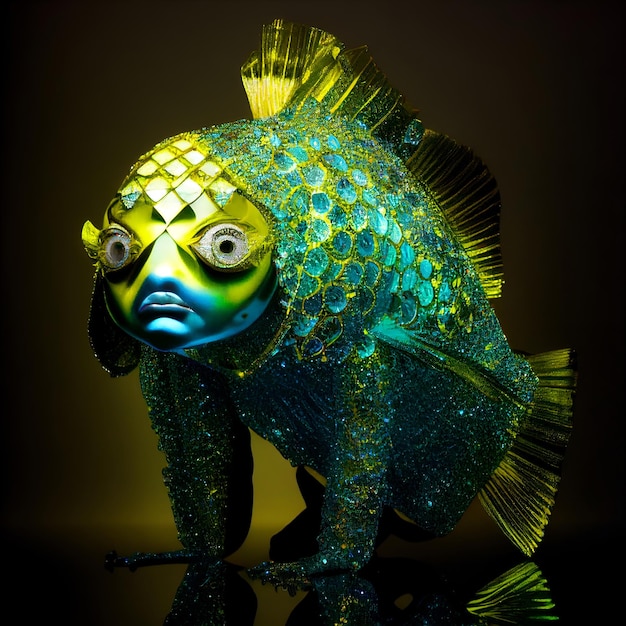 Een blauwe vis met een groen gezicht en gele ogen staat op een zwarte achtergrond.