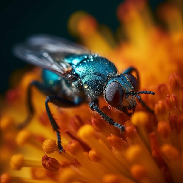 Een blauwe vlieg zit op een gele bloem met een zwarte achtergrond.