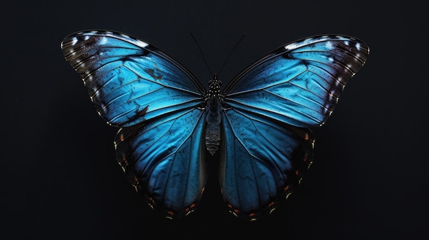Foto een blauwe vlinder die op een zwart oppervlak zit perfect voor natuur- en dierenliefhebbers
