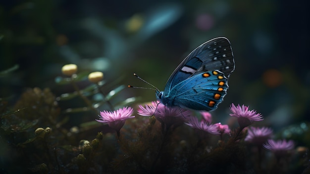 een blauwe vlinder in een bos met planten en een roze bloem