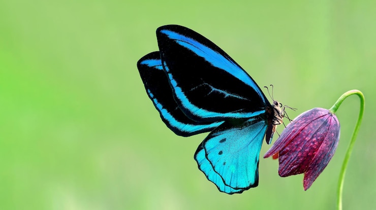 Foto een blauwe vlinder met een blauwe streep op zijn vleugels