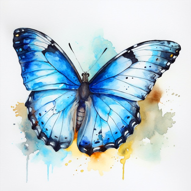 Een blauwe vlinder met een gele vlek aan de onderkant.