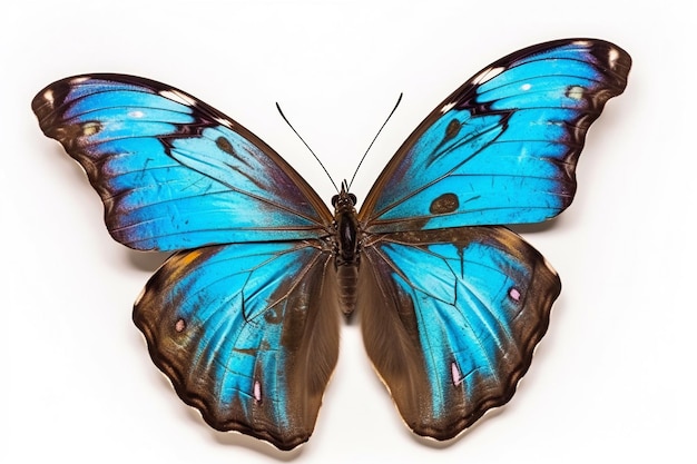 Een blauwe vlinder met een zwarte omtrek erop