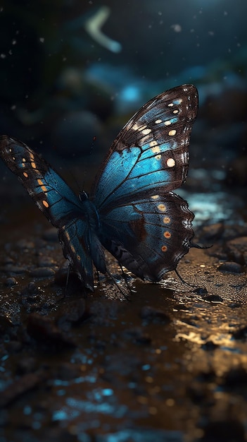 Een blauwe vlinder met gouden stippen zit op een natte grond.