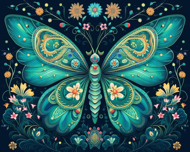 een blauwe vlinder met sierlijke patronen en bloemen op een zwarte achtergrond generatieve ai