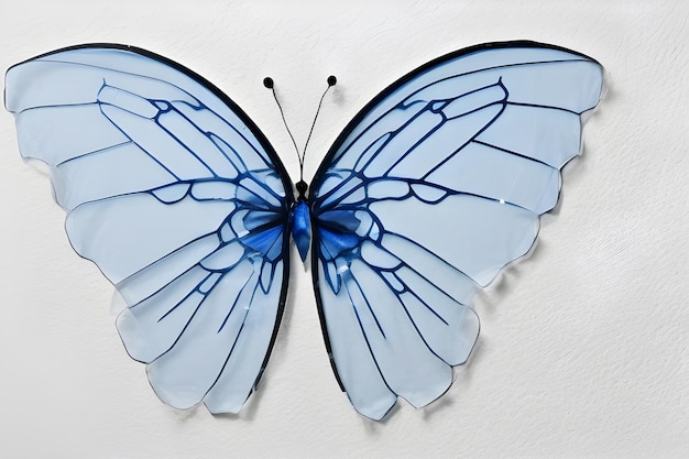 Een blauwe vlinder op een witte achtergrond.