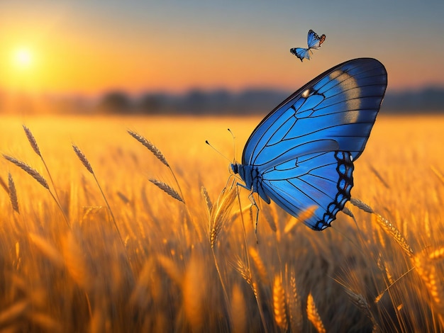 Een blauwe vlinder vliegt over een ai gegenereerd tarweveld