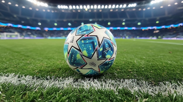 Een blauwe voetbal op het gras van een voetbalstadion's nachts