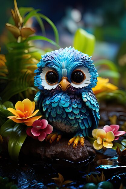 een blauwe vogel met een bloem in zijn snavel zit op een taart