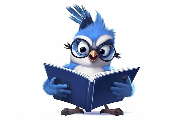 een blauwe vogel met een bril die een boek leest