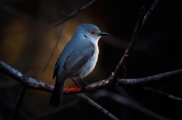 Een blauwe vogel met een rood oog zit op een tak.