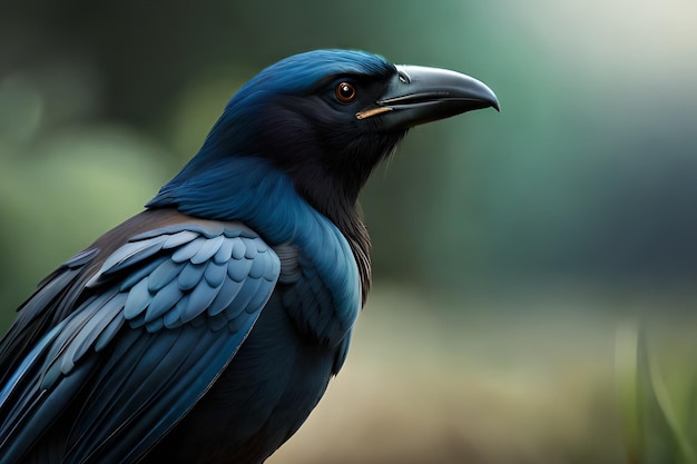 Een blauwe vogel met een zwarte snavel en een geel oog