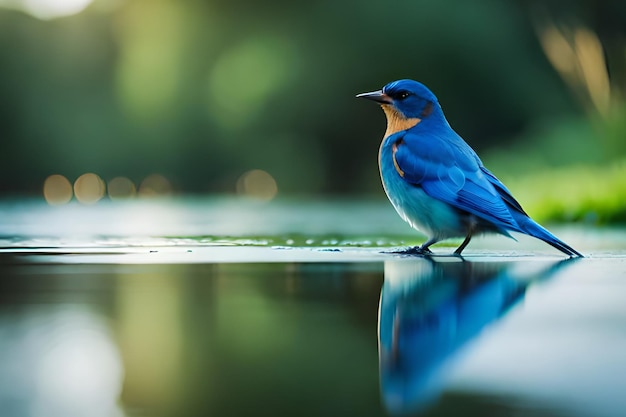 Een blauwe vogel staat op een kleine plas water.