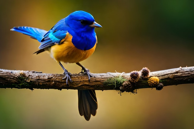 Een blauwe vogel zit op een tak met een gele en blauwe vogel erop.