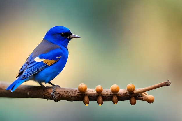 Een blauwe vogel zit op een tak met een onscherpe achtergrond.