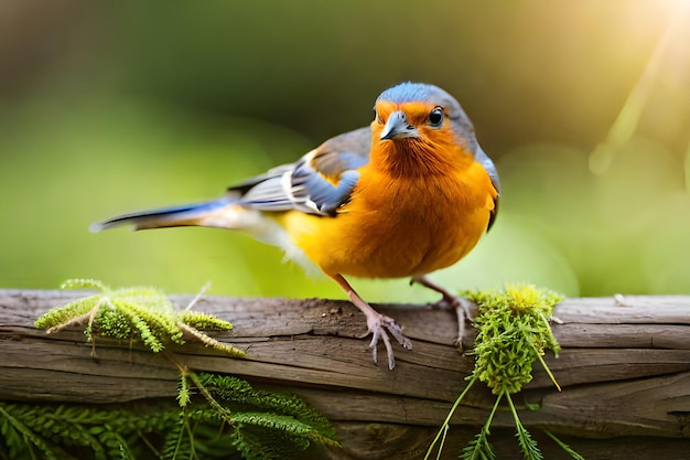 Een blauwe vogel zit op een tak met groene bladeren.