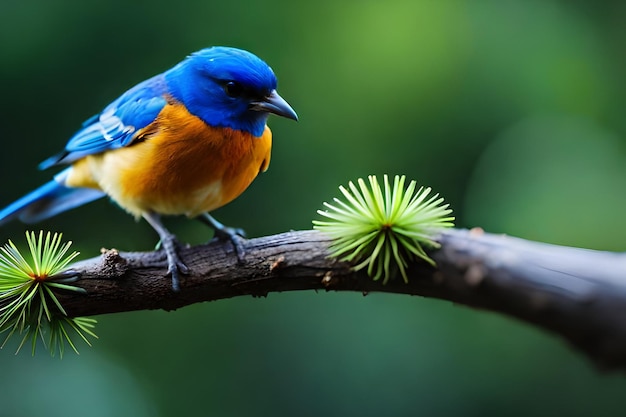 Een blauwe vogel zit op een tak met rechts een groene kegel.