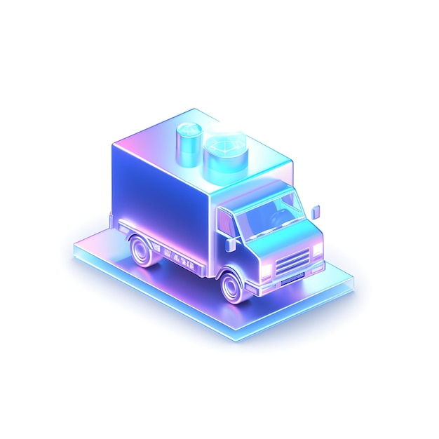 Een blauwe vrachtwagen met een doos erop.