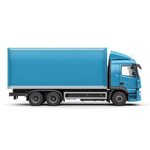 een blauwe vrachtwagen met een witte achtergrond