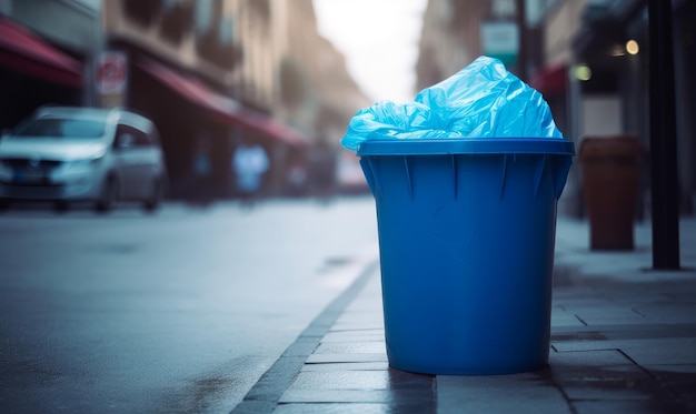 Een blauwe vuilnisbak aan de zijkant van een straat