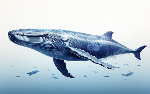 Een blauwe walvis gracieus op wit