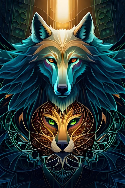 Een blauwe wolf en een groene kat met een blauwe kop en een groen oog.