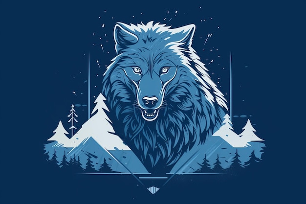 Een blauwe wolf met bergen op de achtergrond