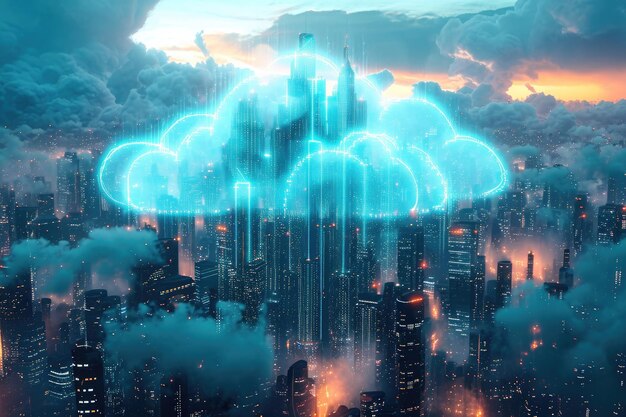 Een blauwe wolk drijft sierlijk in de lucht boven een drukke stad en werpt een serene gloed over het stedelijke landschap Futuristisch ontwerp van cloudopslag als een virtuele stad gegenereerd door AI