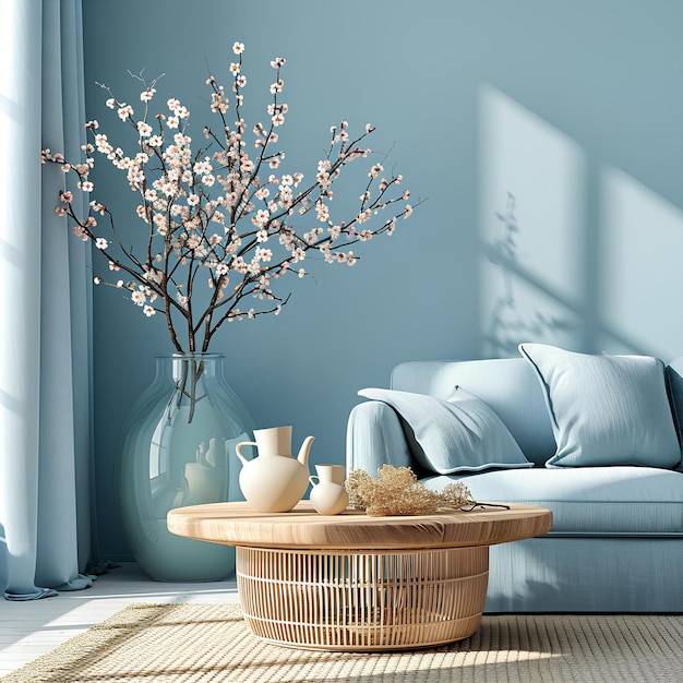 Een blauwe woonkamer met een bloeiende kersenboom in een vaas