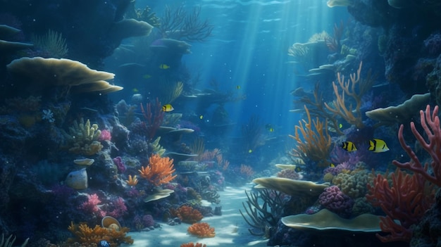 Een blauwe zee met een koraalrif en vissen die eromheen zwemmen.